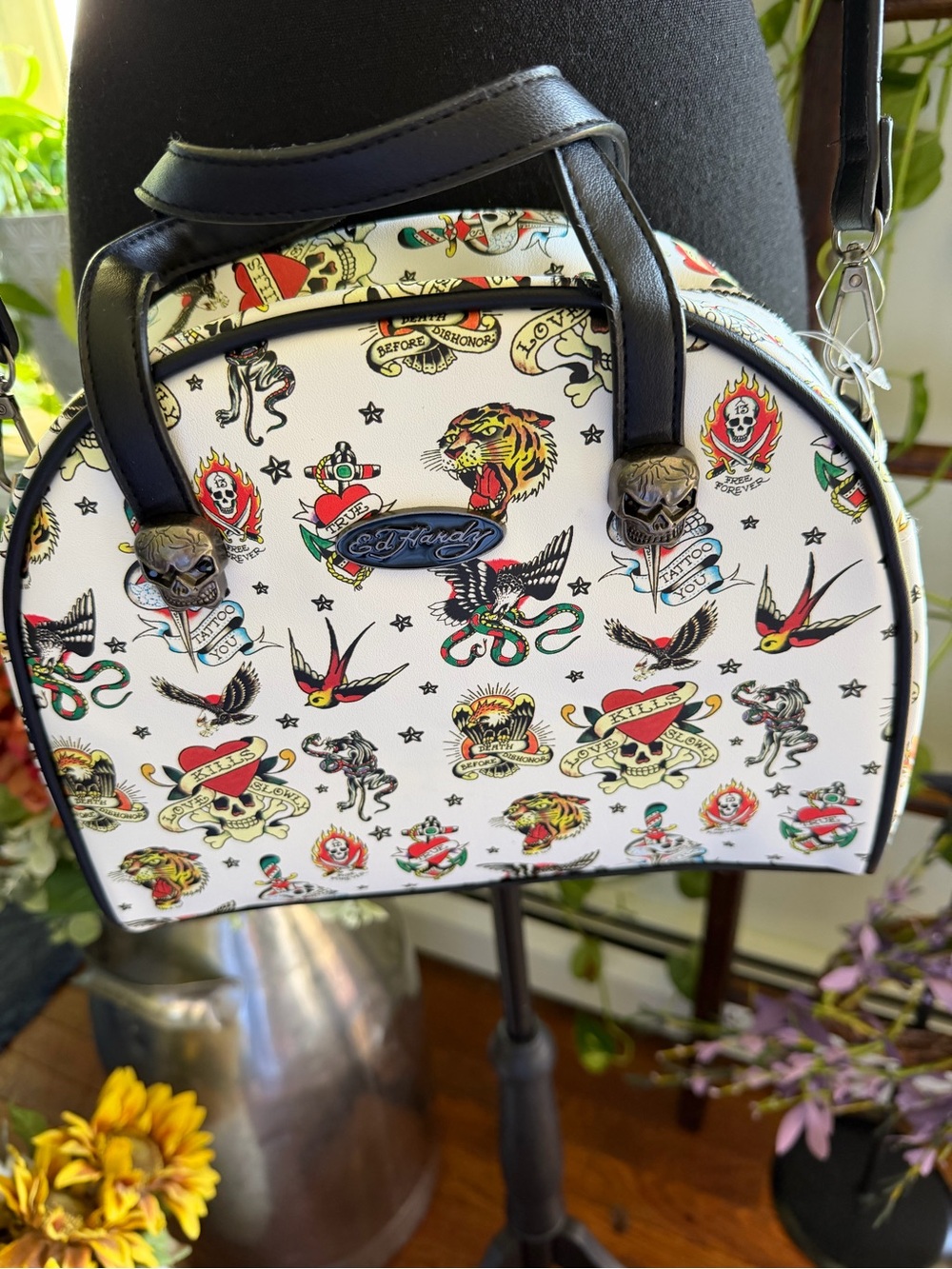Lunch Tote Hot/Cold Ed Hardy White Tattoo Print Lunch Tote with Black Trim